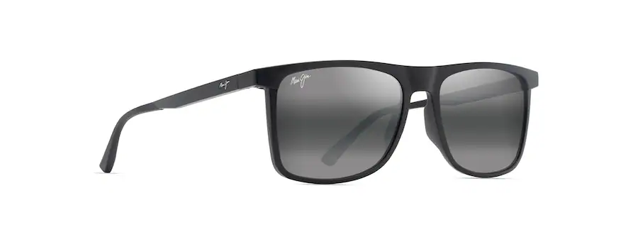 Black rectangular sunglasses with gray lenses, featuring a subtle logo on the top corner of the lens and the temple arm.