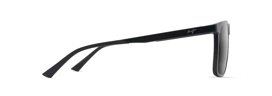 Side view of a pair of black-framed rectangular sunglasses with a subtle logo on the temple.