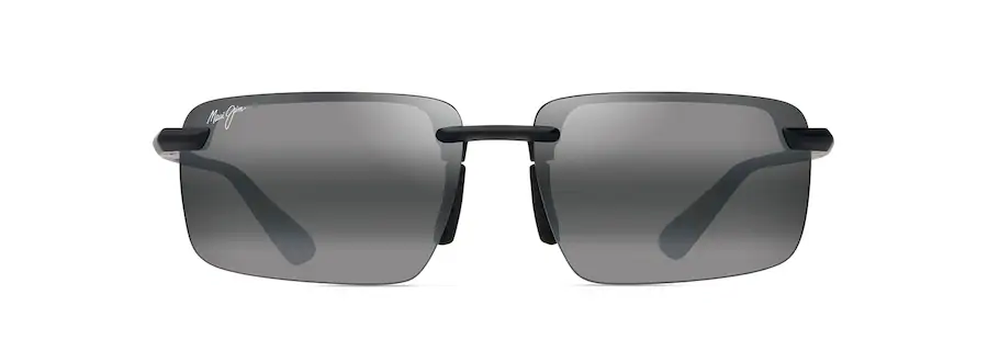 A pair of rimless rectangular sunglasses with dark lenses, black temples, and a sleek design perfect for an auto draft of style.