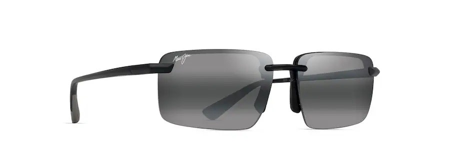 Pair of Auto Draft rectangular, frameless sunglasses with dark lenses and black temples.