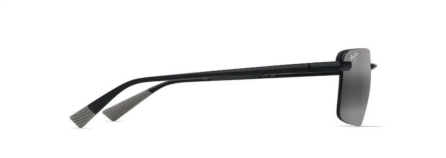 Side view of a pair of black sunglasses with grey-tinted rectangular lenses and thin black arms, elegantly adorned with a subtle logo. Perfect for an effortless auto-draft into style.