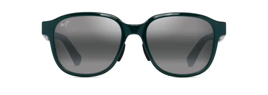 A pair of dark green sunglasses with dark grey-tinted lenses, viewed from the front, exudes an effortlessly cool aesthetic perfect for any occasion.