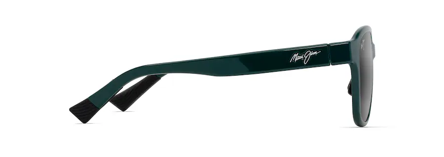 Side view of a pair of dark green sunglasses with a glossy finish, featuring a signature in white on the temple arm; an auto draft of sleek style and sophistication.