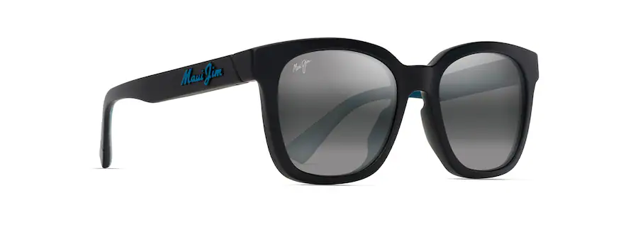 Black square-framed sunglasses with dark tinted lenses. The sunglasses have a blue logo on the arm and the brand name on the lens, giving an effortlessly cool look that’s sure to be your auto draft for sunny days.