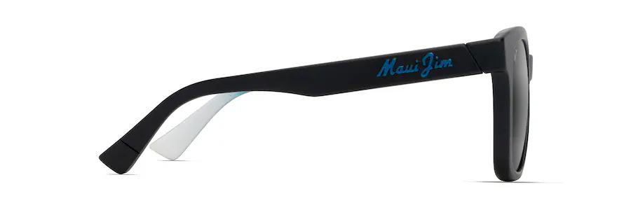 Side view of black sunglasses with "Maui Jim" written in blue on the temple arm, showcasing a sleek Auto Draft design.