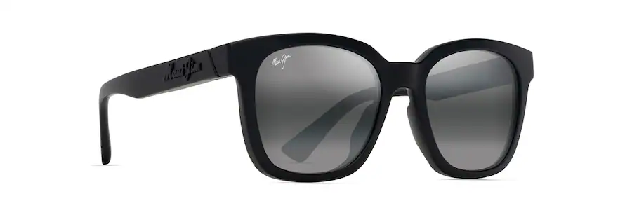 A pair of black, square-framed sunglasses with dark lenses and a logo on the left temple arm offers a sleek look like it was designed on auto draft.