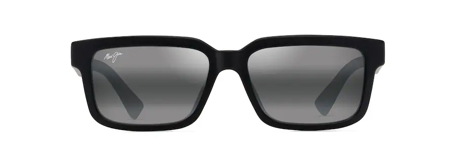 Front view of a pair of black rectangular sunglasses with dark lenses, featuring a subtle signature on the top left corner of the left lens, perfect for an auto draft mode look.