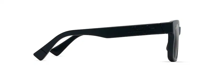 Side view of black sunglasses with straight arms and rectangular lenses on a white background, reminiscent of a sleek auto design.