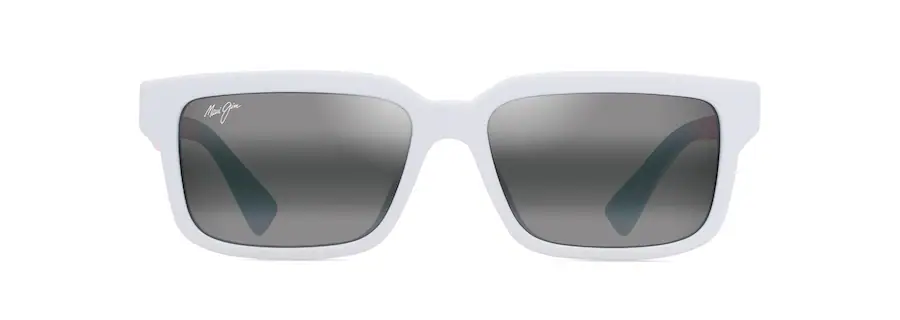 A pair of rectangular white-framed sunglasses with dark tinted lenses, viewed from the front, exuding a sleek auto-draft precision.