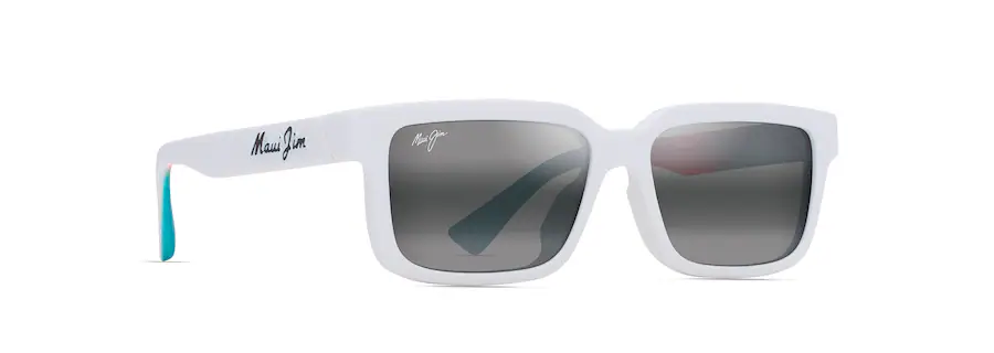 White rectangular sunglasses with dark lenses, featuring the brand name "Maui Jim" on the side arm and lens, crafted with precision that rivals Auto Draft’s efficiency.