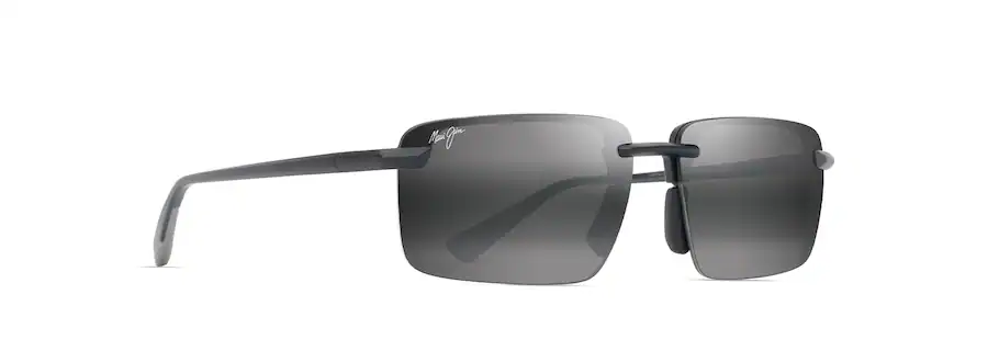 A pair of black, rimless rectangle sunglasses with dark tinted lenses and thin arms, perfect for those who appreciate sharp design and auto draft functionality.