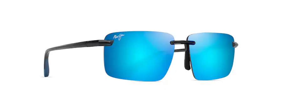 A pair of rimless sunglasses with blue reflective lenses and sleek black arms, perfect for your next beachside Auto Draft.