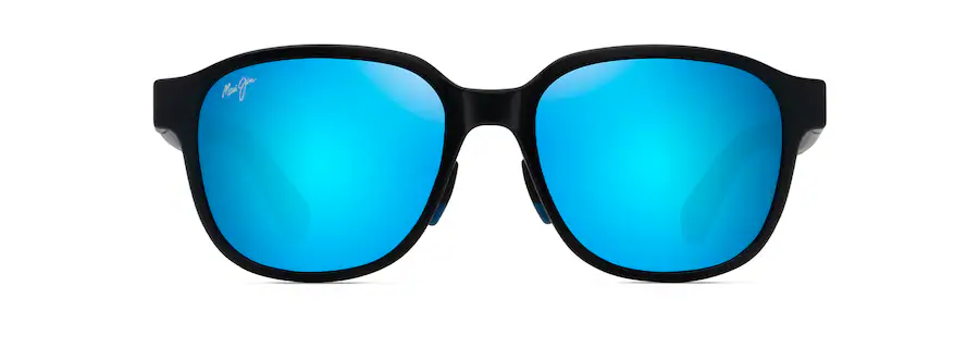 A pair of black-framed sunglasses with reflective blue lenses is showcased against a pristine white background, highlighting their sleek design.