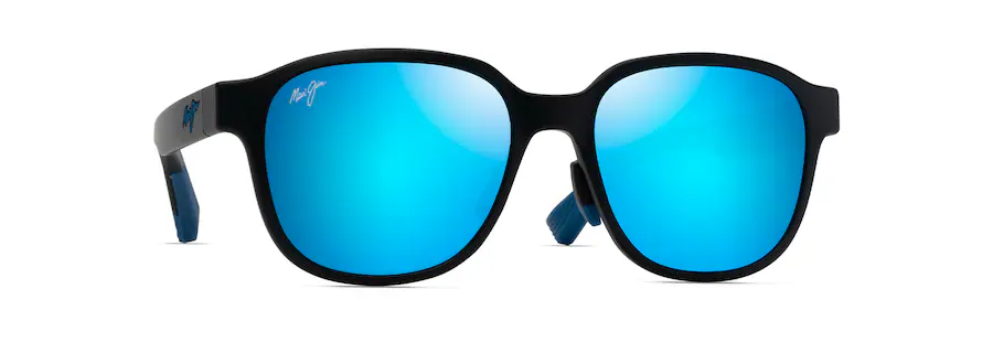 Black frame sunglasses with blue mirrored lenses, viewed from the front, showcasing an auto draft of style and sophistication.