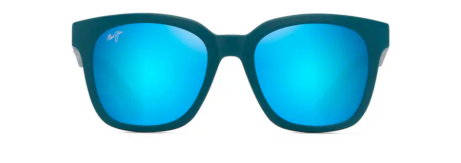 A pair of blue-mirrored sunglasses with a dark green frame, seen from the front, perfect for those spontaneous auto drafts.