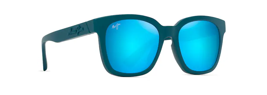 Auto Draft blue mirror-lens sunglasses with sleek teal frames, displayed against a crisp white background.