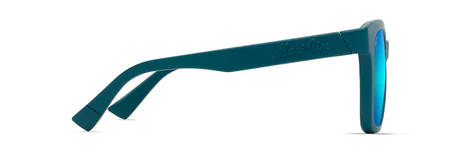 Side view of blue sunglasses featuring mirrored blue lenses, an embossed logo on the temple, and a sleek auto-inspired design.