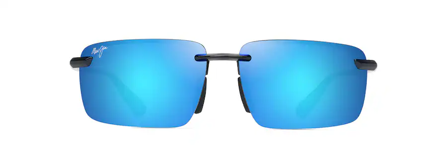 Auto Draft blue-lensed, rimless sunglasses with black temples and nose pads, featuring the brand logo on the top left lens.