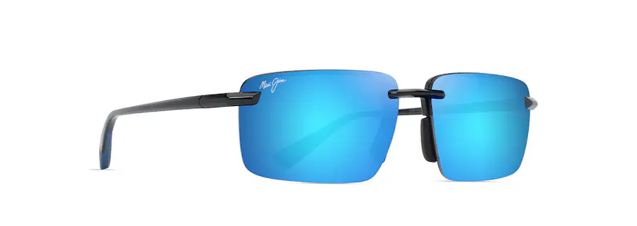 A pair of blue-tinted, rimless sunglasses with black arms and a small white logo on the left lens, perfect for an auto draft adventure.