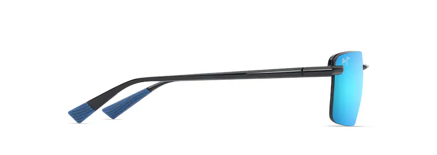 Side view of a pair of Auto Draft sunglasses with black frames and blue mirrored lenses on a white background.