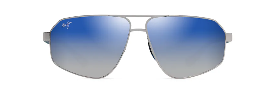 A pair of stylish metallic sunglasses with blue gradient lenses, a signature on the left lens, and an auto draft feature for seamless lens replacement.