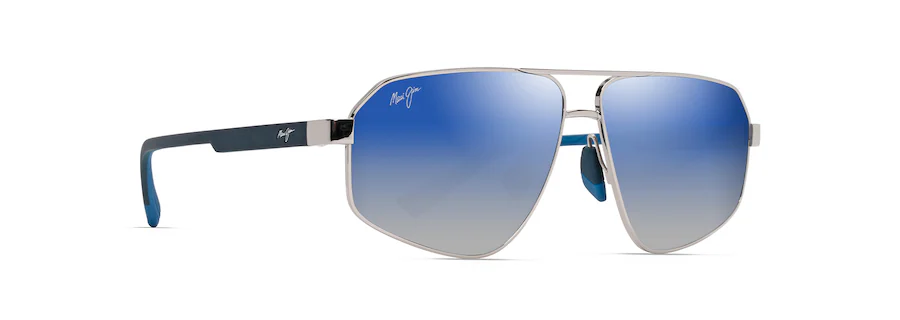 Silver-framed sunglasses with blue gradient lenses and black arms, featuring a signature logo near the hinges. The design epitomizes modern elegance, making these shades a top auto draft pick for any stylish wardrobe.