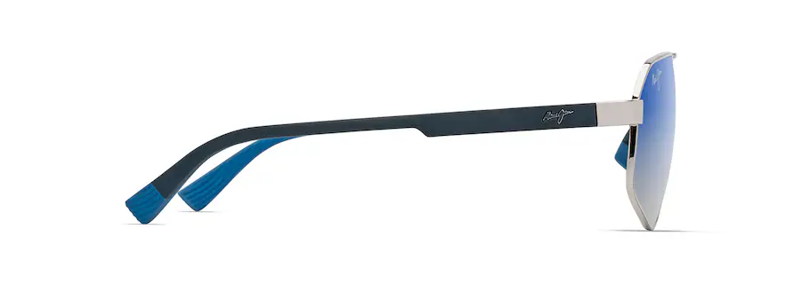 Side view of a pair of sunglasses with blue lenses, black and blue arms, and a logo on the temple—perfect for an Auto Draft look.