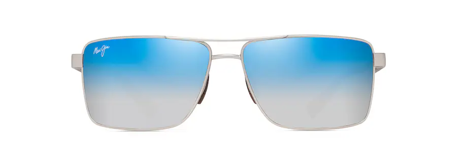 Sleek sunglasses with silver frames and blue gradient lenses, featuring a small Auto Draft logo on the top left corner of the left lens.