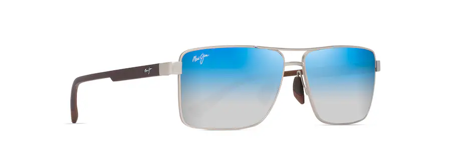 Rectangular sunglasses with blue gradient lenses, a white metal frame, and black arms. A signature logo is visible on the upper corner of the lenses and on the arms, reflecting an auto draft of timeless style.