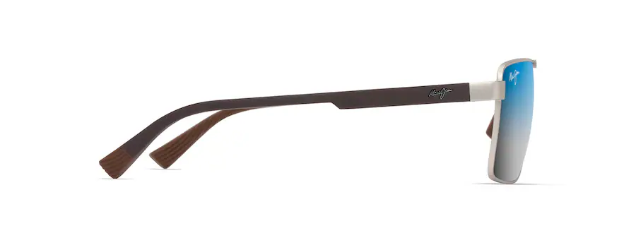 Side view of a pair of sunglasses with gradient blue lenses and an Auto Draft vibe. The frame features a mix of light and dark materials, while the brown temples are inscribed with a sleek logo.