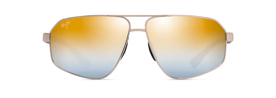 A pair of aviator sunglasses featuring gold and blue gradient lenses with a light metal frame, perfect for those on the go or drafting up new adventures.