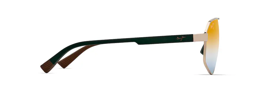 Side view of stylish sunglasses featuring dark green arms, wooden temple tips, and gold-mirrored lenses—an auto draft of classic design.