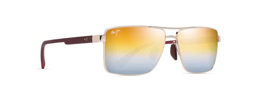 Rectangular sunglasses with a gold frame, brown arms, and mirrored lenses featuring a gradient from yellow to blue, perfect for that auto draft look.