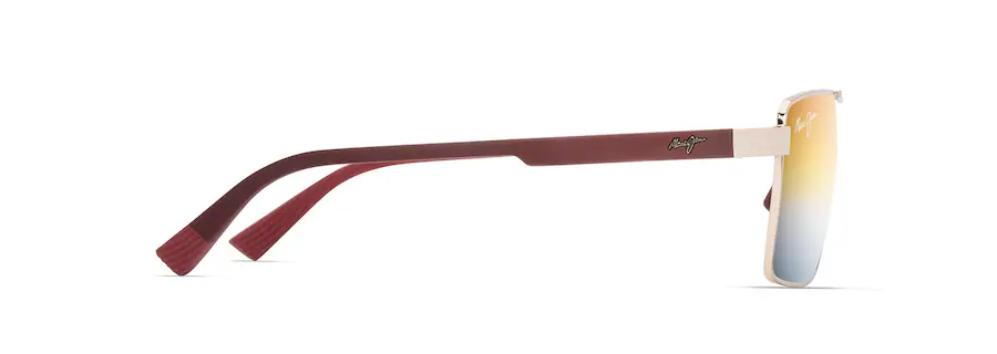 Side view of Auto Draft sunglasses with gradient lenses, white frame, and red arms, featuring a logo on the left temple.