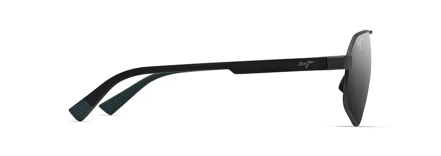 Side view of a pair of black sunglasses with dark gray lenses, featuring thin, straight arms and a subtle logo detail near the hinge—an auto draft in sleek eyewear design.