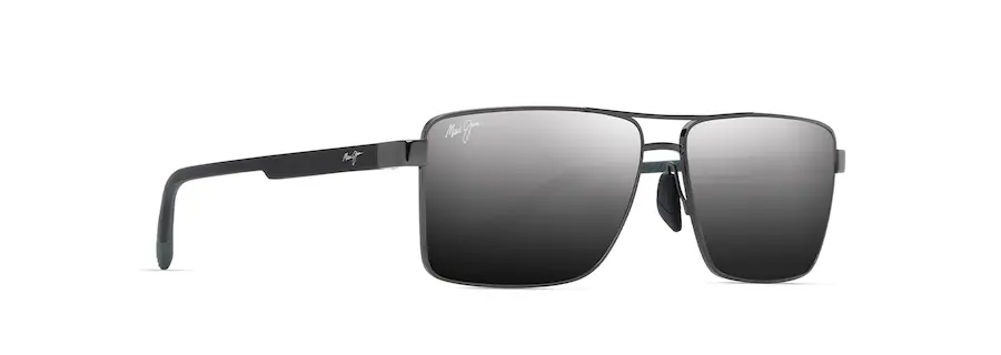 Rectangular-shaped black sunglasses with a metallic frame and dark gradient lenses, featuring a logo on the temples, meticulously designed to complement any auto draft.