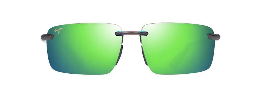 A pair of rimless sunglasses with vibrant green mirrored lenses and sleek black arms is envisioned from the front, exuding a modern, auto draft-inspired appeal.