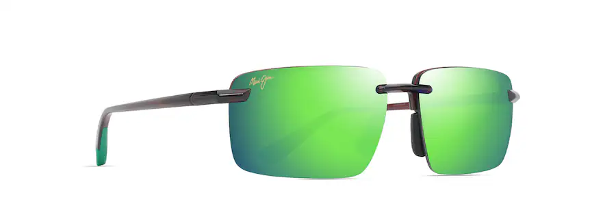 A sleek pair of rimless sunglasses with green mirrored lenses, featuring a dark frame that feels like it was designed by Auto Draft.