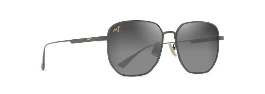 Gray metal-framed sunglasses with dark rectangular lenses and a thin, straight bridge, featuring ASIAN FIT for enhanced comfort. The left lens has a small LEWALANI logo.