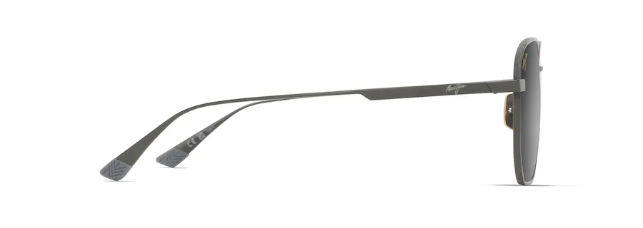 Side view of a pair of LEWALANI gray sunglasses with thin, straight arms and dark lenses. The temple tips are slightly curved for an Asian Fit.