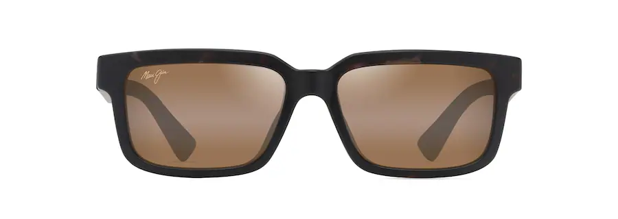 Front view of brown rectangular sunglasses with dark brown lenses and black frames, featuring the Maui Jim logo on the left lens. Auto Draft elements subtly enhance the sophisticated design, combining classic style with modern functionality.