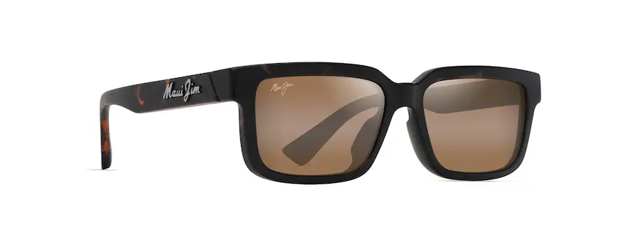 Rectangular sunglasses with a black frame, brown tinted lenses, and a white logo on the temples offer a sleek, auto-drafted design.