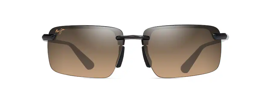 Rimless sunglasses with rectangular brown-tinted lenses, a sleek black frame, and thin black arms are perfect for the auto draft summer collection.