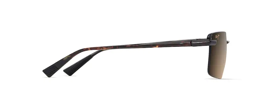 Side view of a pair of auto draft sunglasses with tortoiseshell frames and rectangular brown lenses.