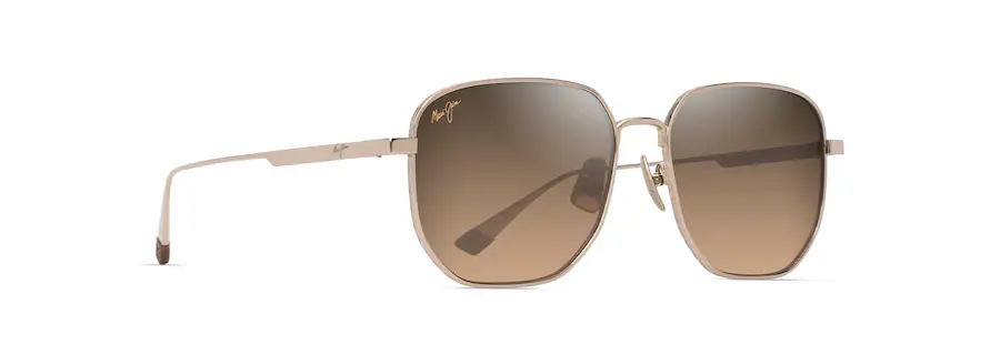 Metal-framed sunglasses with rectangular brown-tinted lenses and thin arms, viewed from a slight angle.