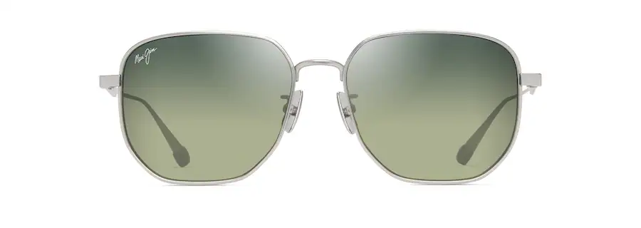 Front view of a pair of sunglasses with green gradient lenses and silver metal frames.