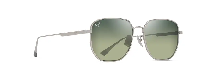 A pair of modern aviator-style sunglasses with silver frames and green-tinted lenses.