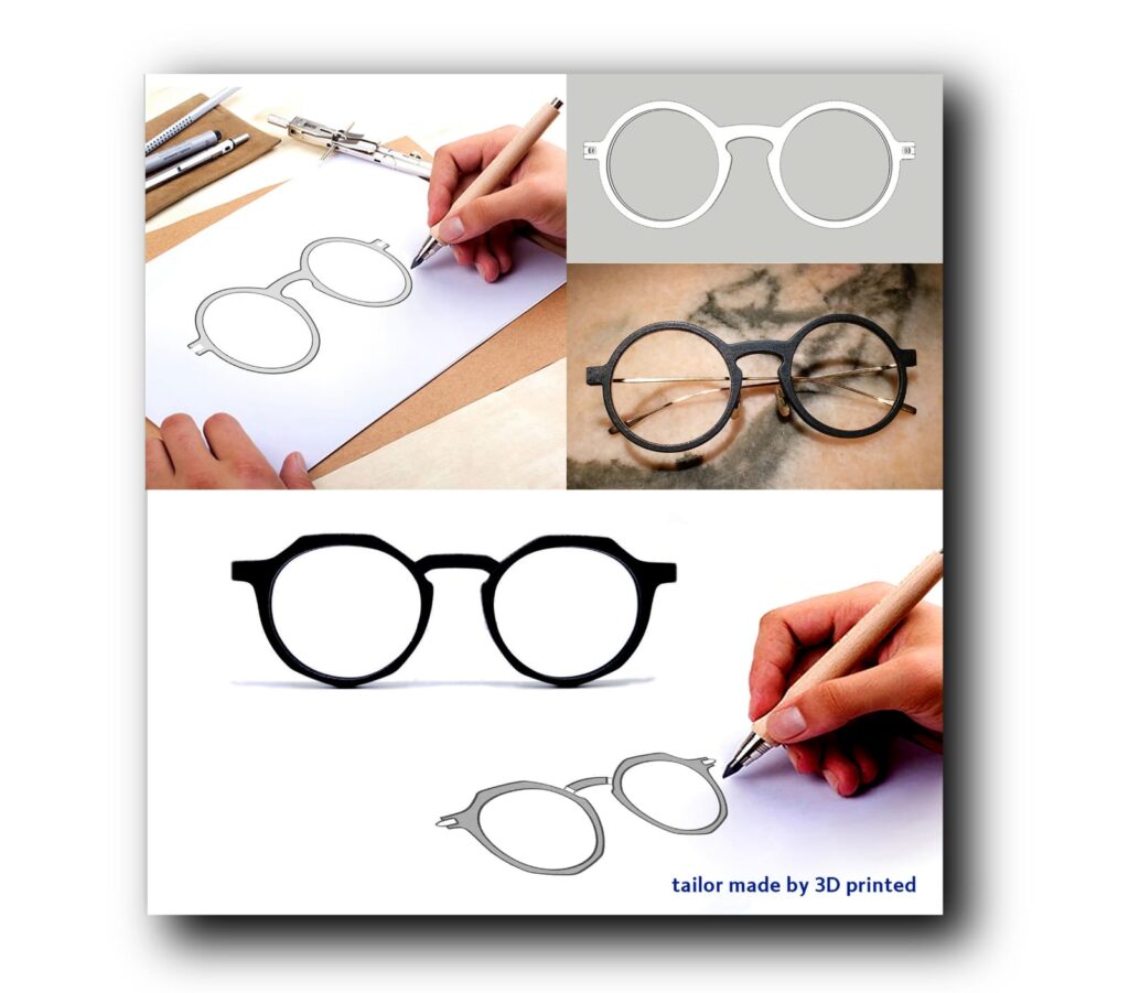 Illustration of a process for creating custom 3D-printed eyeglasses from Vision X, showcasing hand-drawn frames, a 3D model, and a completed pair of glasses ready for 發售.