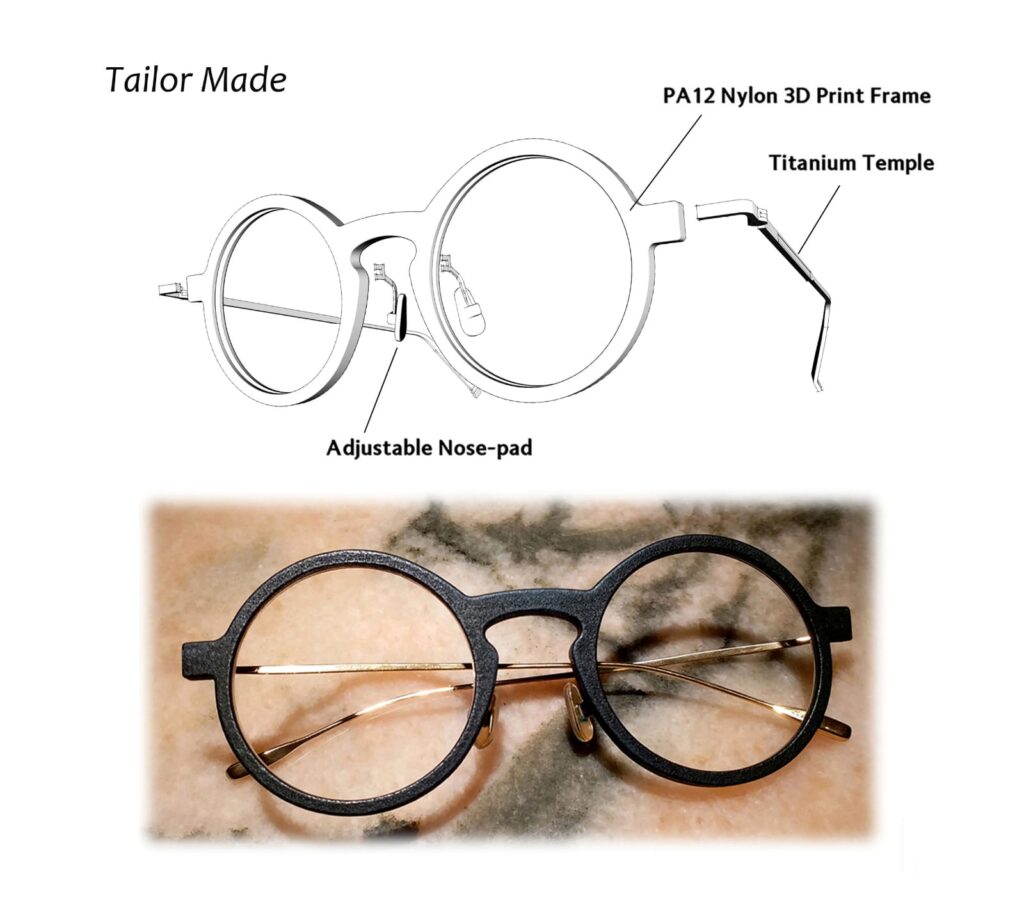 Image of custom-made eyeglasses from Vision X, featuring a 3D model with labeled parts: PA12 Nylon 3D print frame, titanium temple, adjustable nose pad, alongside a photo of the finished glasses. Now 發售!