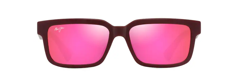 Square-shaped sunglasses with a maroon frame and reflective pink lenses, perfect for an effortlessly cool auto draft look.